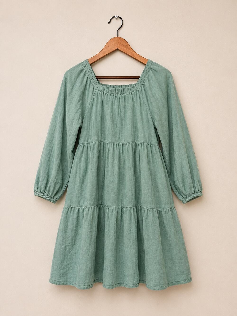Cottagecore Green Tiered Dress Womens Sz XS Peasant Balloon Sleeve Prairie Boho - Picture 1 of 4